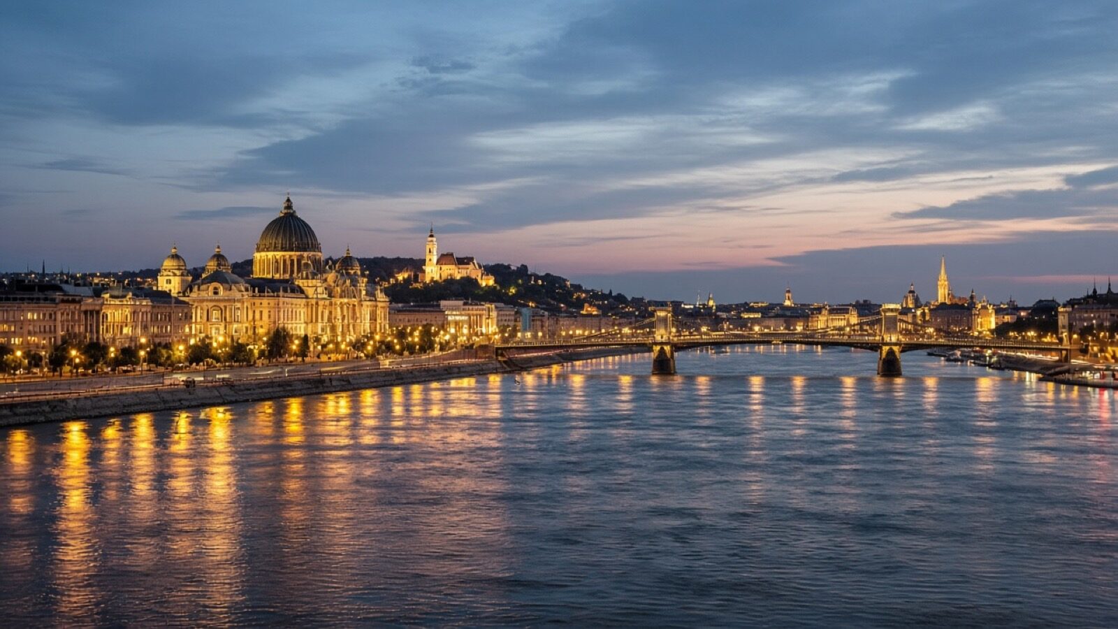 Budapest és a Duna esti fényekben